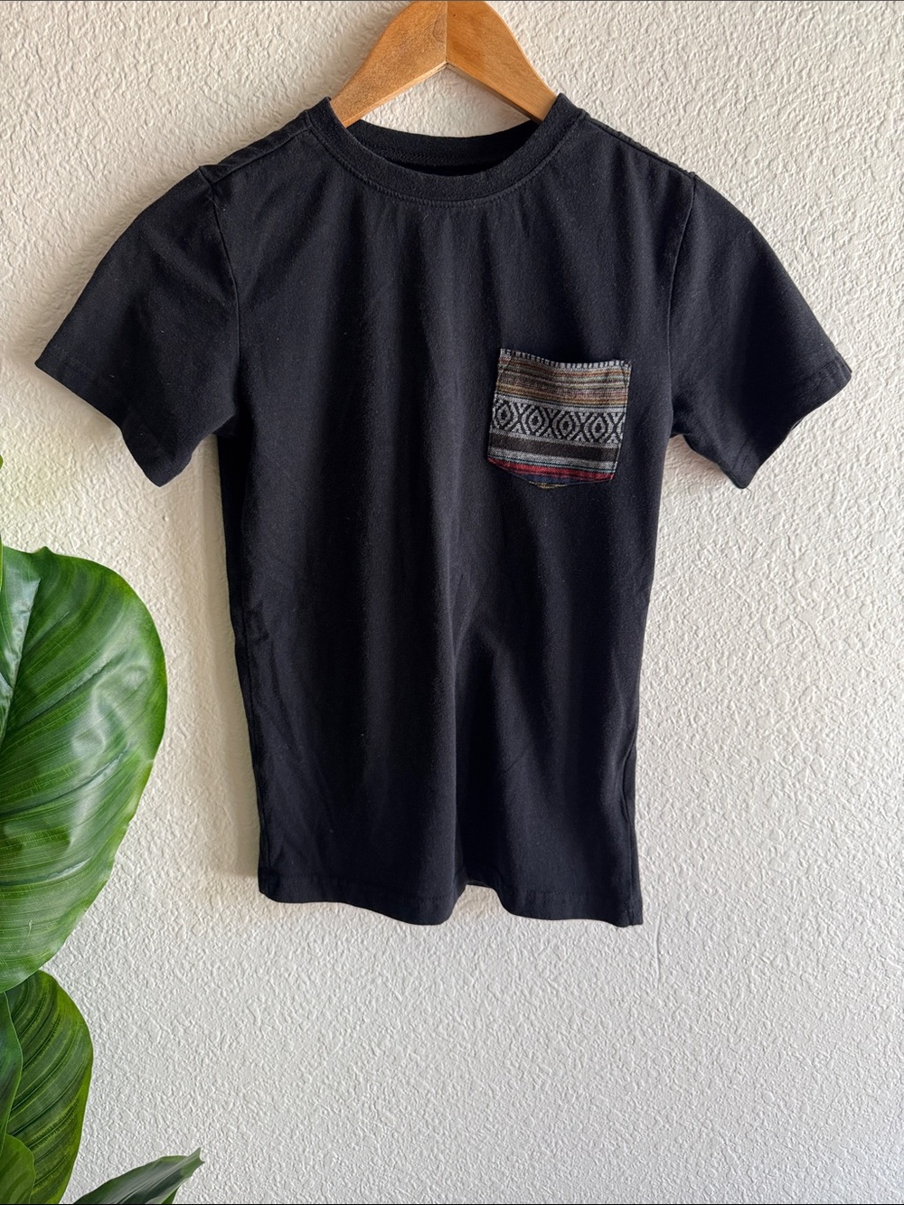 Boy’s Black Pocket T-Shirt with Patterned Accent